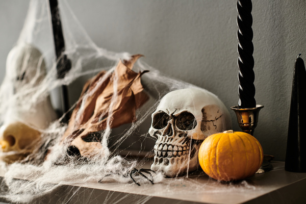 Shelf Decorated with Skulls and Cobwebs for Halloween